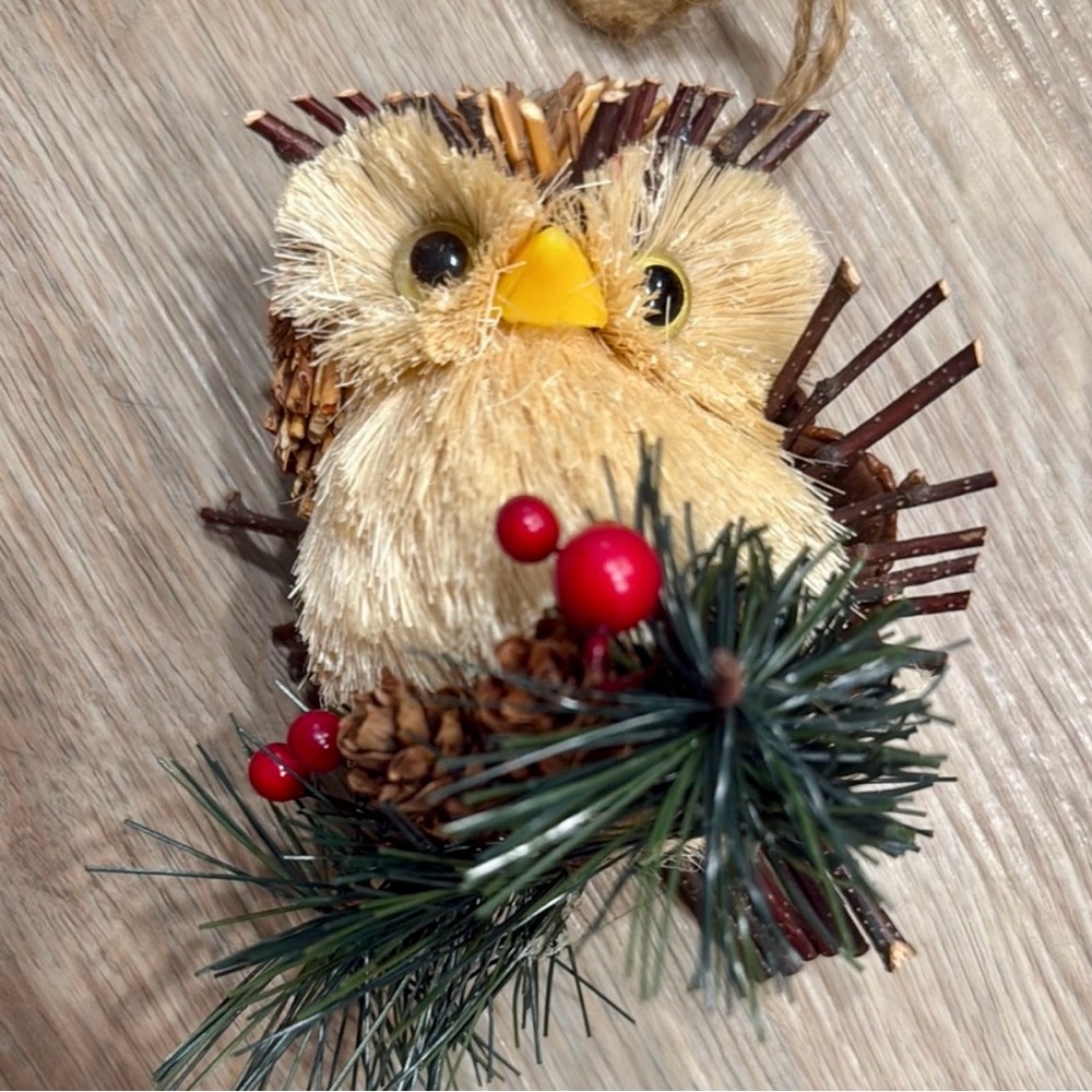 Rustic Owl Christmas Holiday Ornament- natural fiber pinecone Woodland Decor
